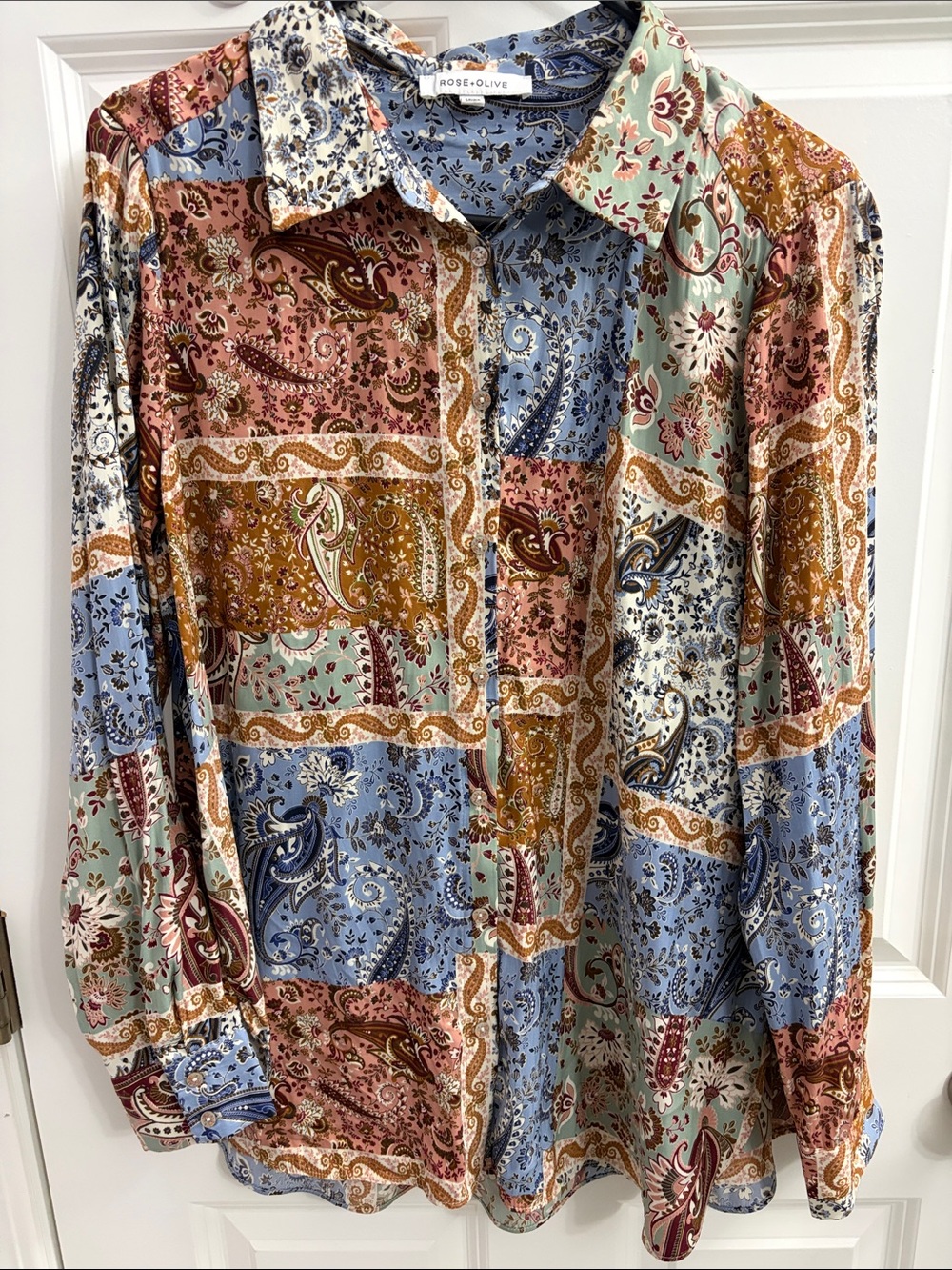 Rose & Olive Patchwork Paisley Button-Down Shirt - Blue, Rust, Mint, Cream